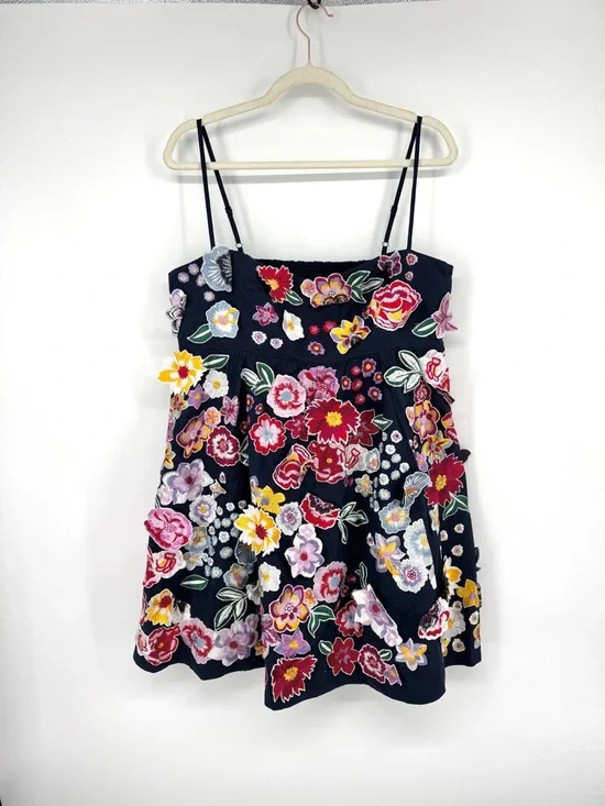 Anthropologie 3D Floral Embroidered Babydoll Mini Dress Navy Size Large - Picture 2 of 11